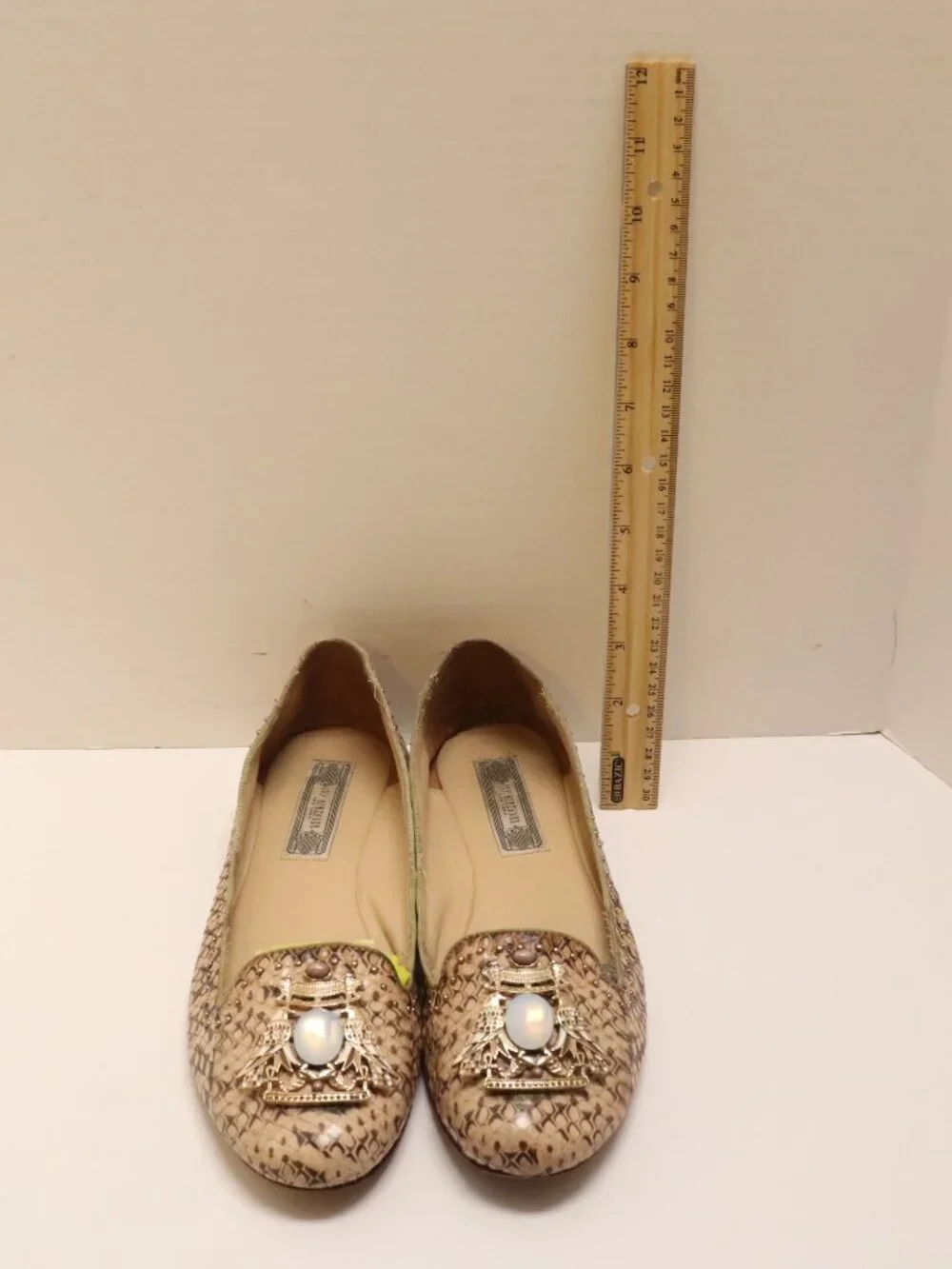 Ivy Kirzhner Snake Print Flats Women's Shoes with Gem Embellishment Beige